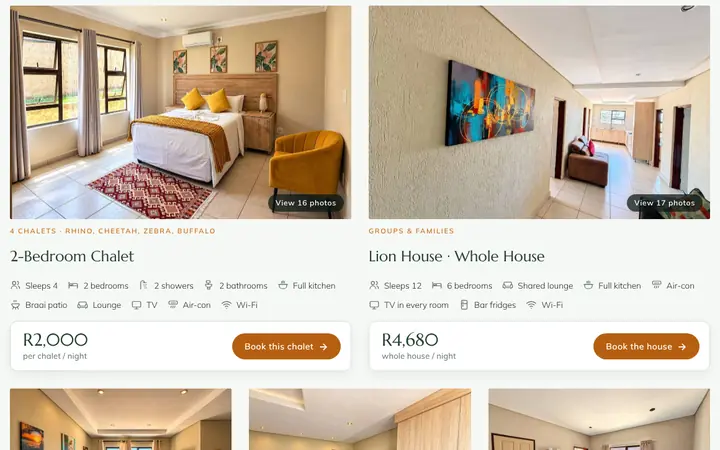 Numbi Resort website showing the 2-Bedroom Chalet and Lion House with prices