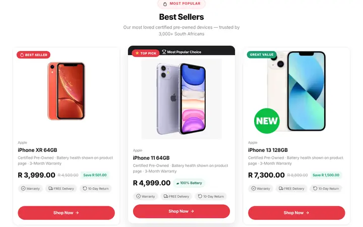 NN Zarbro Restore website showing best-selling iPhones with prices